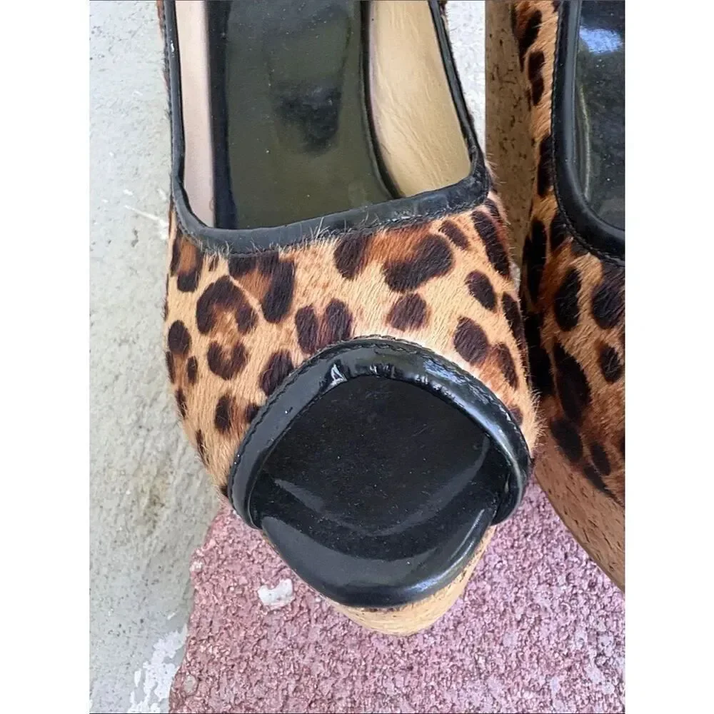Jimmy Choo pony hair leopard print peep toe platforms